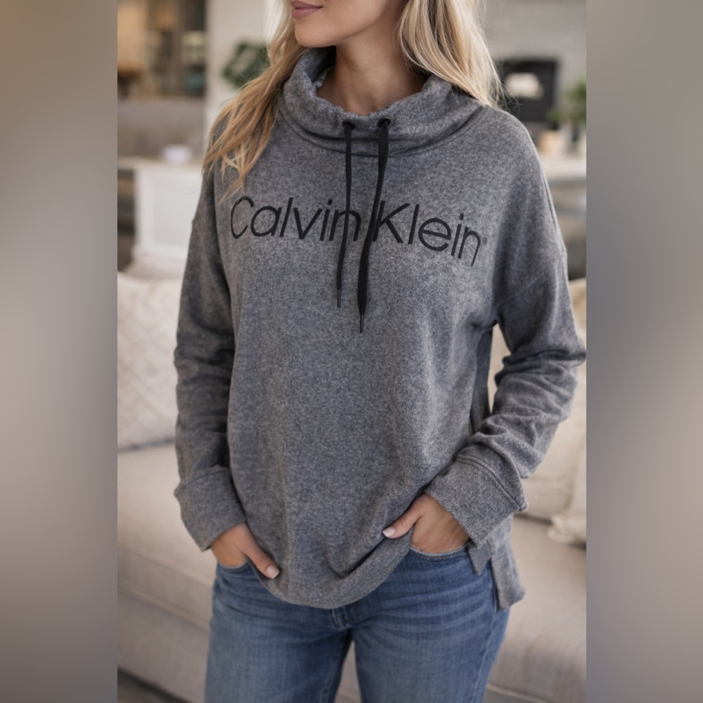 Calvin Klein Women’s Gray Funnel Neck Logo Hoodie Sweatshirt M
